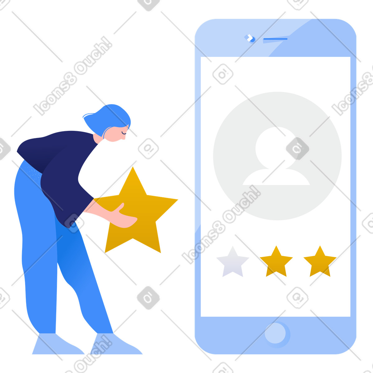 Cliente donna che dà una valutazione di tre stelle illustrazione in stile Clip scarica in PNG, SVG