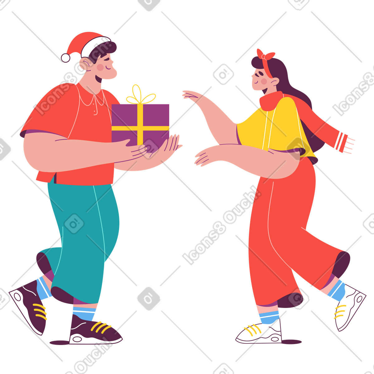 下载 Sammy 风格的 People exchanging Christmas gift, joy and surprise 插画，支持 PNG、SVG 格式