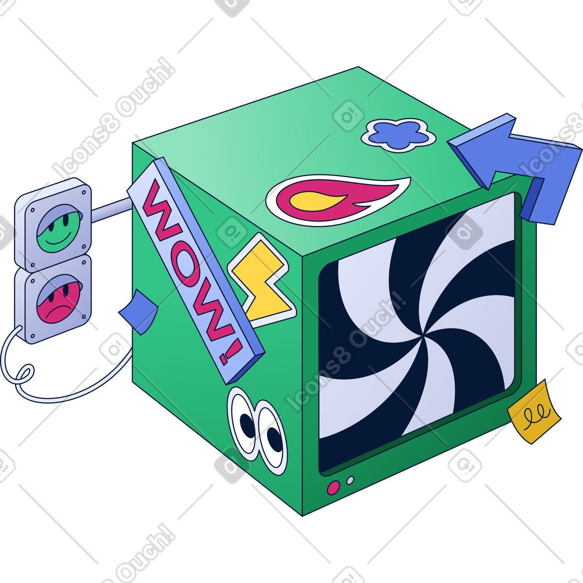 Playful box with hypnotic screen and wow label illustration in Neat style download in PNG, SVG