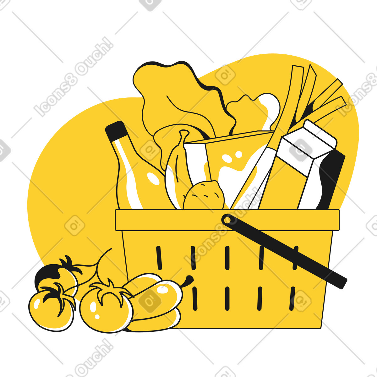 Basket with fresh groceries, Grocery shopping and Market purchase illustrazione in stile Taxi scarica in PNG, SVG