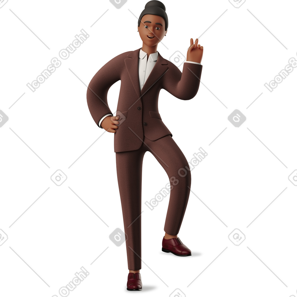 3D Business スタイルの Black businesswoman leaning with one leg and showing peace sign のイラストをPNG、SVG形式でダウンロード