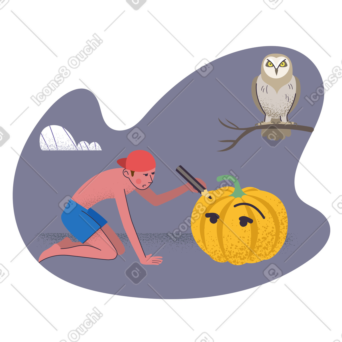 Junge, der auf einem kürbis zeichnet und sich halloween vorbereitet-Illustration im Pale-Stil als Download in PNG, SVG