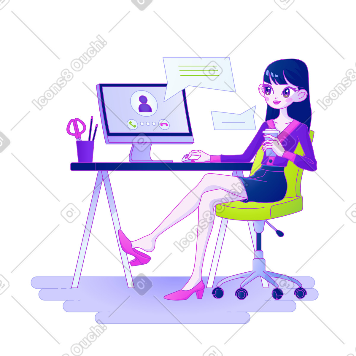 Experimental スタイルの Woman holding an online meeting in the office のイラストをPNG、SVG形式でダウンロード