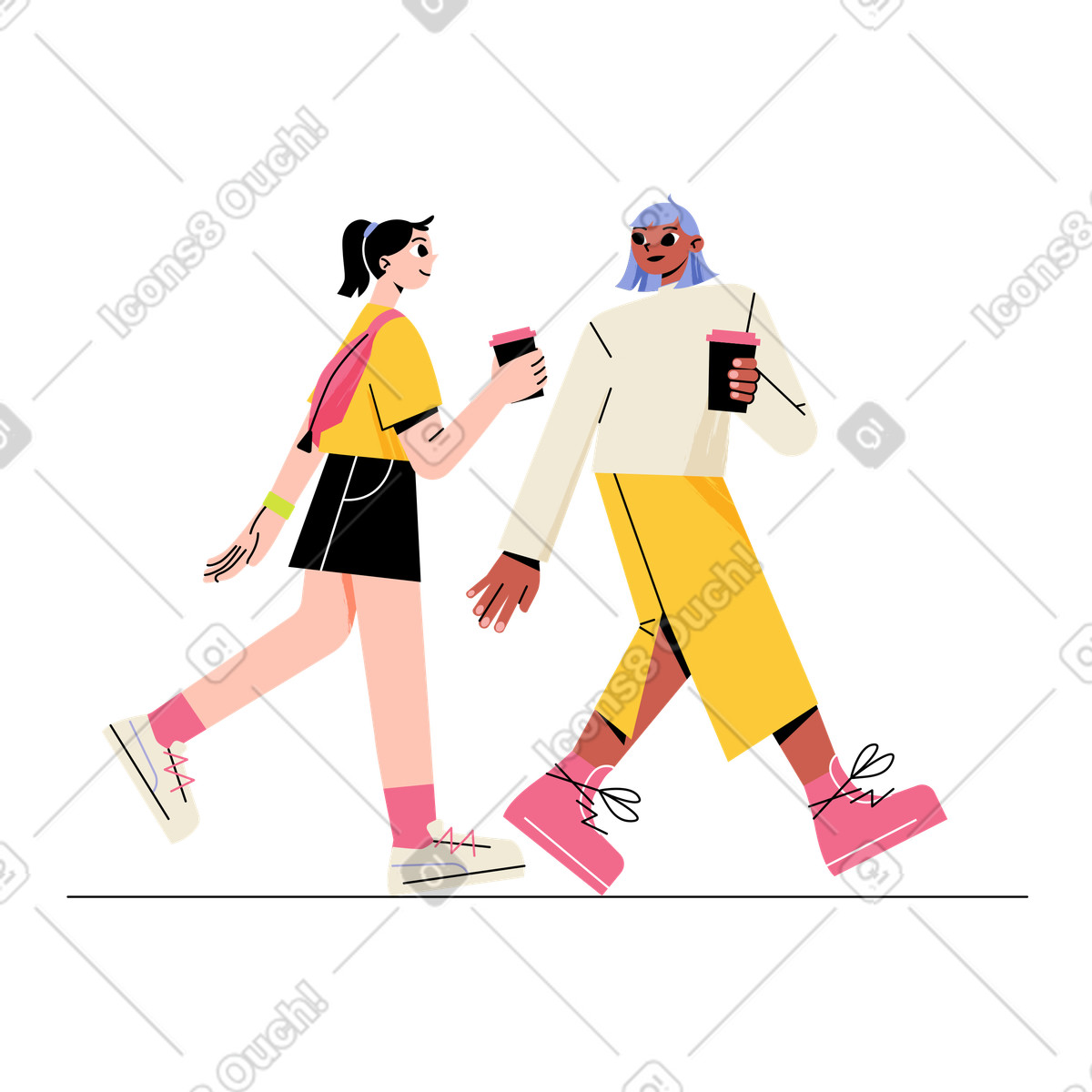 Ilustração de Young people strolling with drinks, urban lifestyle and friendship em no estilo Juicy para baixar em PNG, SVG