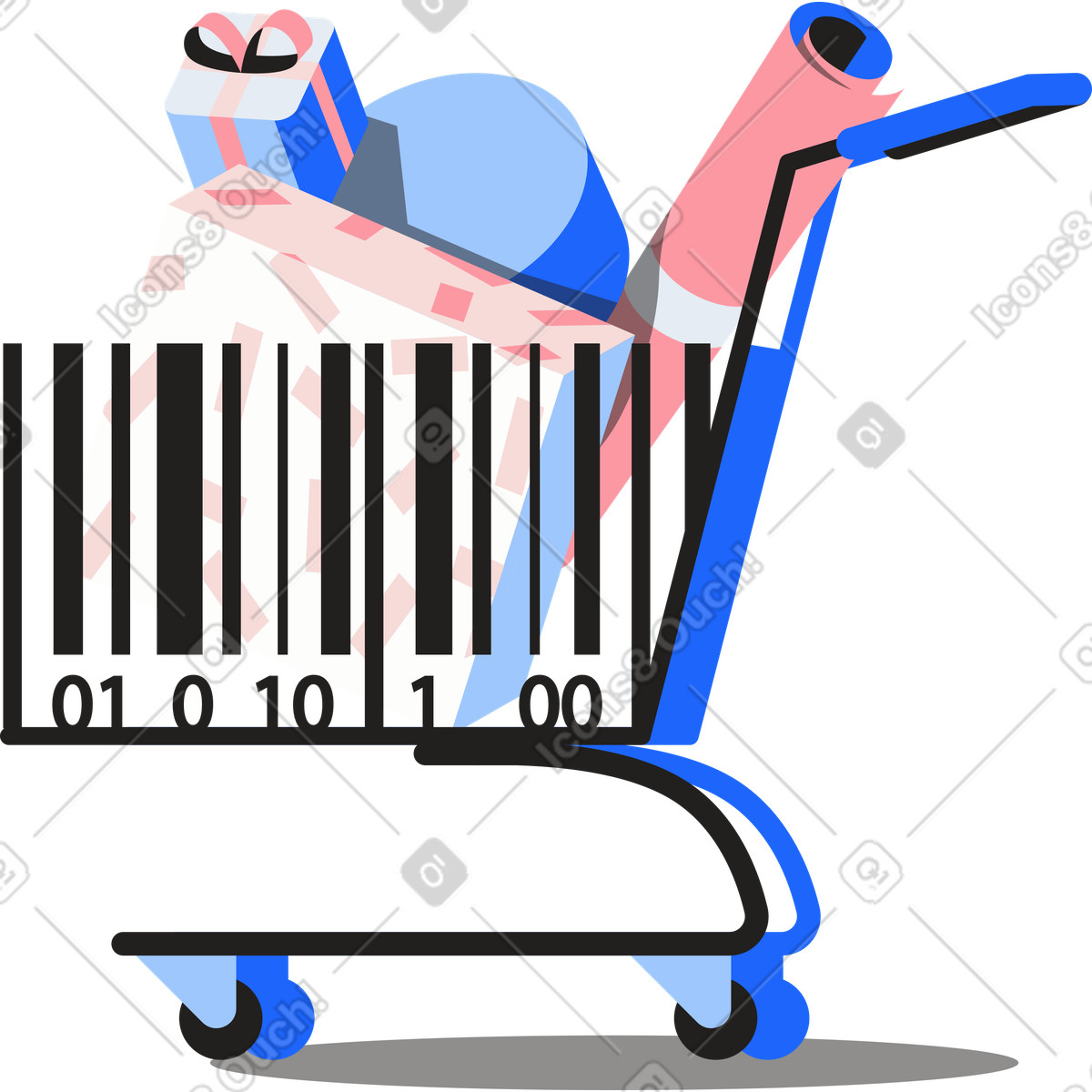 Supermarket cart in the form of a barcode illustration Editorial style download PNG, SVG