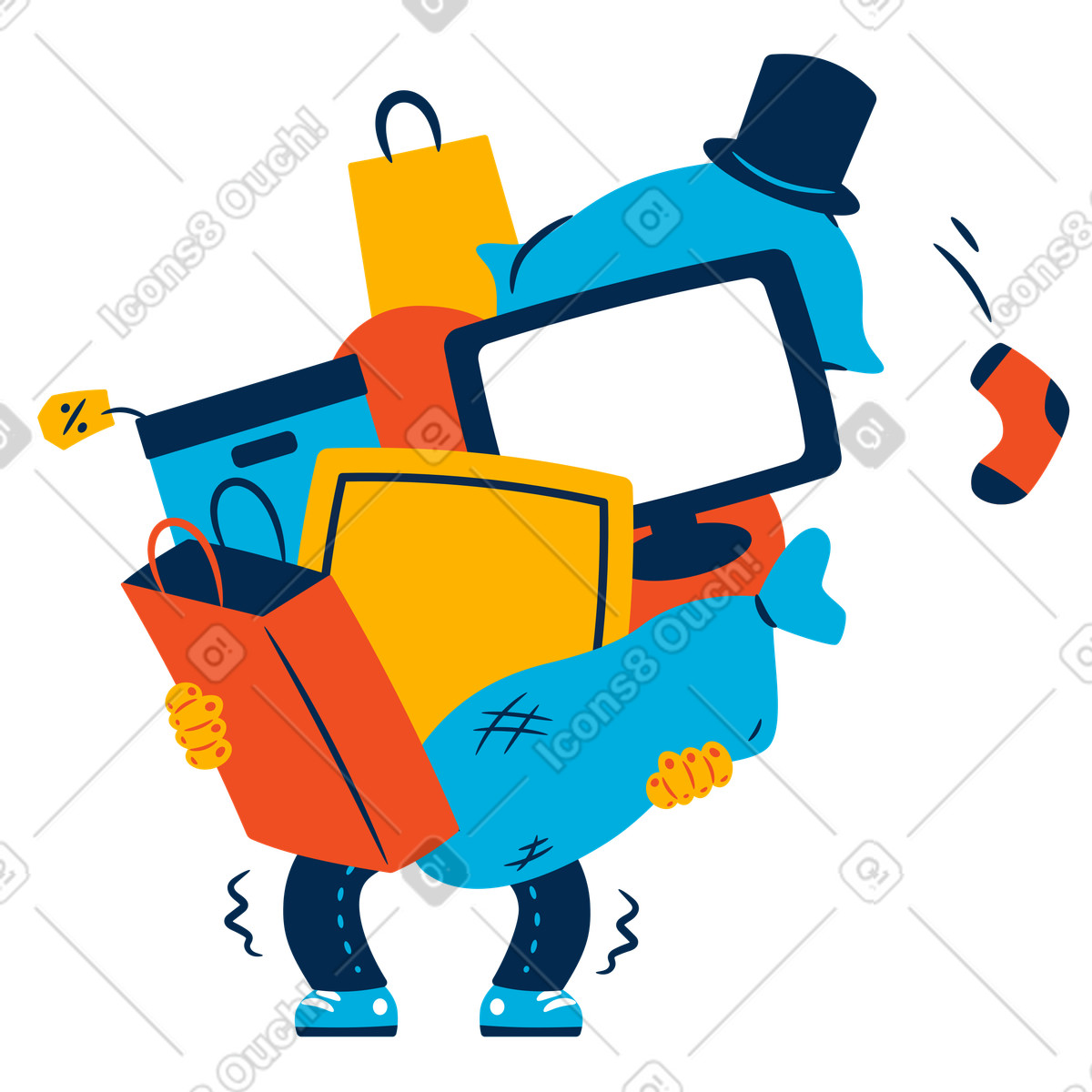 Illustration Je suis aux prises avec une montagne d'achats suite soldes du black friday dans le style Flame à télécharger formats PNG, SVG