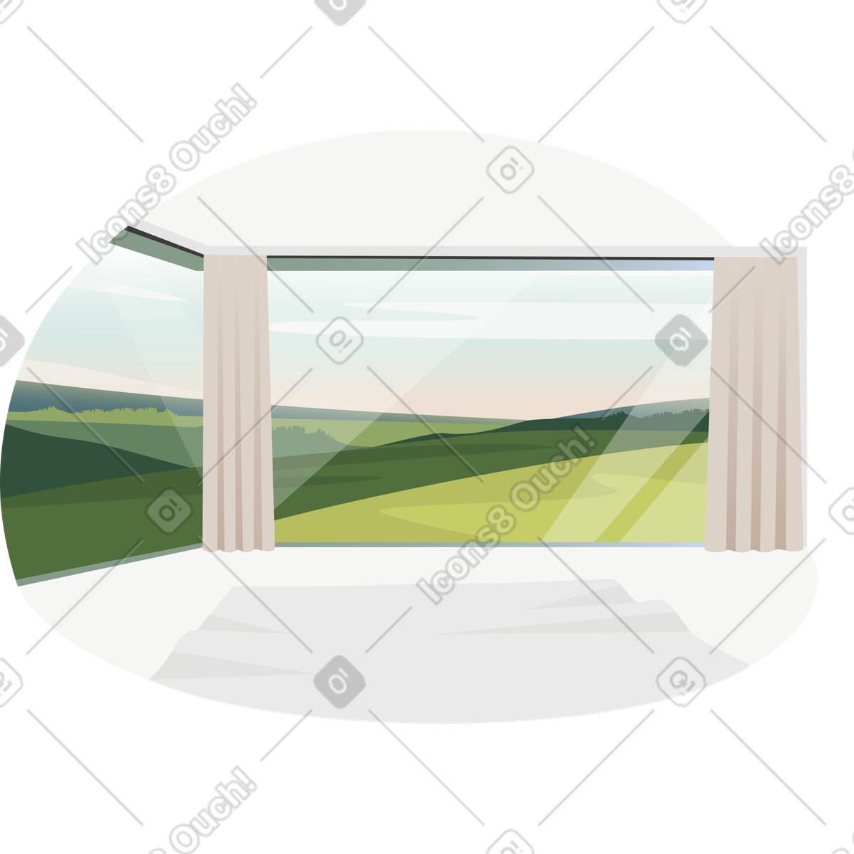 Camera luminosa con vista panoramica sui campi illustrazione in stile Vivid scarica in PNG, SVG