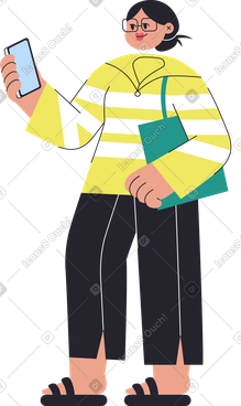 Woman standing and looking at her smartphone PNG, SVG