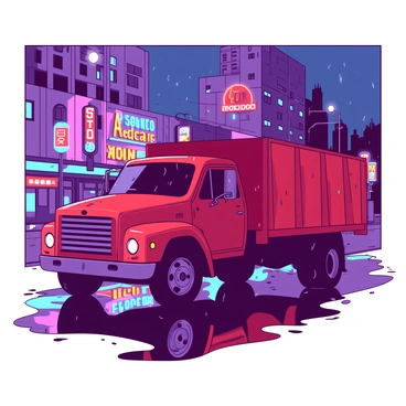 A red truck is parked on a wet street, with rain droplets visible on its surface. The truck's surface reflects a variety of city lights, creating a vibrant display of colors around it. Puddles form on the pavement, reflecting the colorful lights, enhancing the scene's brightness. The surrounding buildings are illuminated with neon signs and streetlamps, adding to the colorful atmosphere. The sky is overcast, suggesting a recent rain shower.