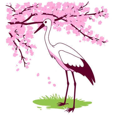 A white stork stands gracefully among pink cherry blossom trees that are in full bloom. The branches are laden with delicate pink flowers, creating a vibrant canopy of blossoms above the stork. The stork's long legs are planted firmly on the soft green grass, and its head is turned slightly to one side, showcasing its striking black beak. Petals gently fall around the stork, enhancing the springtime atmosphere. The sunlight filters through the blossoms, casting soft shadows on the ground.