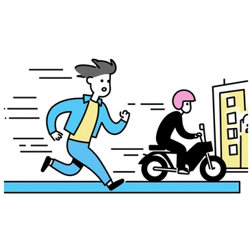 A comic panel featuring a fast-paced chase scene. In the foreground, a man in a blue jacket is sprinting, his hair blowing back from the wind. He looks back over his shoulder with an expression of determination. Behind him, a sleek black motorcycle is in pursuit, the rider wearing a red helmet and a black leather outfit. The background reveals a city street with tall buildings on either side, with streaks of color representing motion. The scene is filled with vibrant colors, emphasizing the intensity of the chase.
