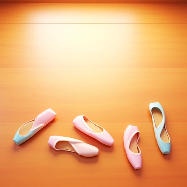 A polished wooden floor of a dance studio that reflects the soft light from the overhead lighting. The floor features warm, rich tones with a smooth surface. Scattered across the floor are delicate ballet shoes in pastel colors, showcasing satin finishes. The shoes are positioned in various angles, creating an impression of movement and grace.