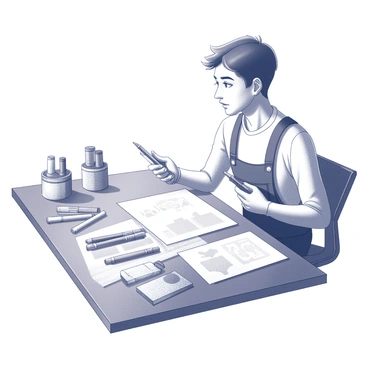 An artist is seated at a wooden desk cluttered with various art supplies. In front of the artist, there is a set of illustration markers laid out neatly, showcasing different nib sizes. Beside them, a collection of alcohol markers is also visible, presented in a well-organized manner with caps placed in a row. The artist, with focused expression, is contemplating which set to use, holding one marker from each group in each hand. There are sketches and reference images scattered across the desk, hinting at the artwork the artist is about to create. A soft light source illuminates the workspace, casting gentle shadows on the surface, enhancing the atmosphere of creativity.