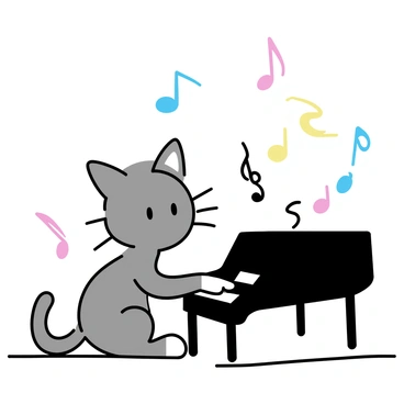 A small gray cat with white paws is sitting on a wooden floor, intently playing a tiny black piano. The cat's ears are perked up in concentration as its paw strikes the keys. Around the cat, various colorful musical notes are floating in the air, creating a lively atmosphere. The notes vary in size and color, swirling around the cat and the piano. The scene captures a whimsical moment of feline creativity.