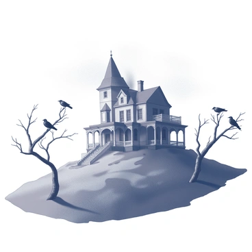An old mansion sits atop a hill, its architecture showing signs of age and neglect. The structure features tall, narrow windows and a steeply pitched roof, adding to its imposing presence. Wisps of mist envelop the mansion, partially obscuring its details and contributing to the eerie atmosphere. In the foreground, several crows are perched on the twisted branches of barren trees, their dark silhouettes contrasting against the soft gray background. The landscape surrounding the hill is rough and uneven, enhancing the sense of isolation.