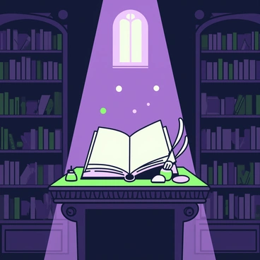 An ancient open book with glowing pages, resting on a podium in a dimly lit library