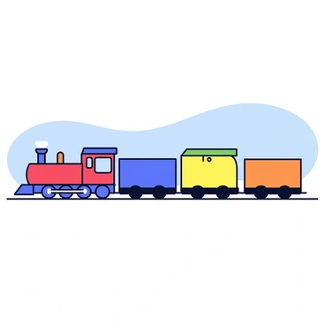 A train consisting of five cars arranged in a line. Three of the cars are detached from the main body of the train, while two cars remain connected. The detached cars are positioned to the side, creating a clear visual distinction. Each car has a bright color: the first detached car is red, the second is blue, and the third is yellow. The two connected cars are green and orange, showcasing contrasting colors. The overall scene is set on a simple open track with a light blue sky above.