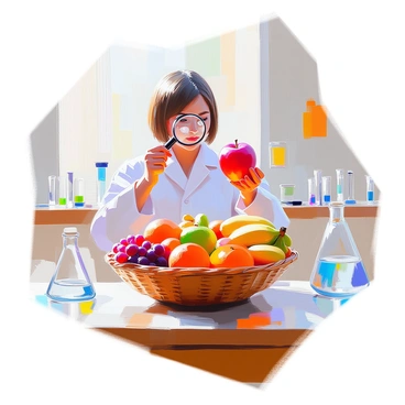 A scientist examining fruits in a basket with a magnifying glass in a laboratory