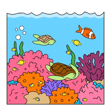 A bright and colorful underwater scene featuring a vibrant coral reef. The reef showcases a variety of corals in shades of pink, orange, and purple, creating a lively and inviting environment. Numerous small fish with bright colors, such as yellow, blue, and red, swim playfully around the corals. A curious sea turtle glides gracefully through the water, while a clownfish peeks out from its anemone home. In the background, a gentle wave of water adds to the dynamic feel of the underwater habitat. Bubbles rise towards the surface, adding a sense of movement to the scene.