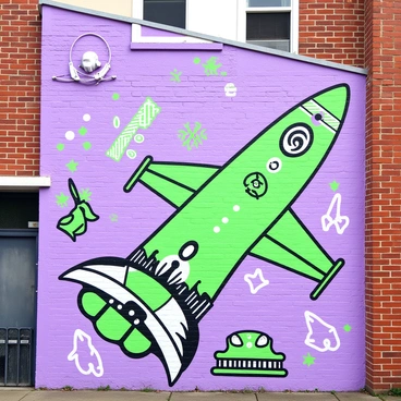 A mural is painted on the side of a building, showcasing a large missile as the central feature. The missile is illustrated with dynamic lines and shapes, incorporating intricate designs. Surrounding the missile, various abstract patterns and details are visible, adding texture to the artwork. The overall composition fills the wall space, drawing attention to the missile as it stands out against the background. The building itself has a brick facade, which contrasts with the vibrant mural, creating a striking visual effect.