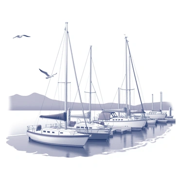 A harbor scene featuring several sailboats docked at the pier. The boats have tall masts and colorful sails that are furled. In the foreground, there are gentle waves lapping against the boat hulls. Above, a few seagulls are gracefully soaring through the air, their wings spread wide. The harbor is lined with wooden docks, and there are small fishing vessels nearby. The background includes distant hills that frame the harbor.