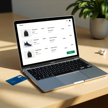 A laptop with a sleek design sits on a wooden table, displaying a digital shopping cart page. The screen shows a summary of selected items, including a pair of stylish sneakers, a trendy backpack, and a set of wireless earbuds, each with product images and prices listed. The checkout button is prominently visible, surrounded by options for shipping and payment methods. The keyboard of the laptop is illuminated, and a credit card lies next to it, adding to the shopping theme. Natural light spills onto the scene, highlighting the laptop and the objects around it.