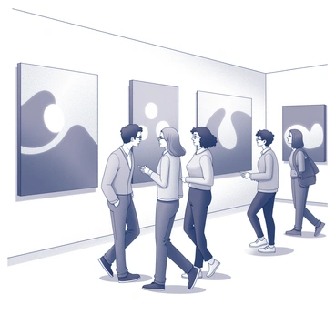 A group of three friends is standing in a modern art gallery, engaged in conversation and admiring the various artworks displayed on the walls. One friend, with short hair, is pointing towards a large abstract piece, while the other two friends, one with glasses and the other with curly hair, are leaning in closer to get a better look. The gallery features several large canvases hanging at varying heights, showcasing different shapes and forms. The floor is polished and spacious, allowing for easy movement among the guests. The atmosphere is lively as other visitors walk by, creating a sense of appreciation for the artistic environment.