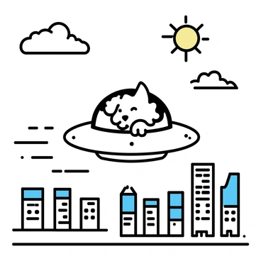 A small flying saucer, metallic and circular, hovers above a cityscape. A dog, with fluffy fur and pointed ears, is peering out from the open hatch of the saucer. The city below features tall buildings, some with glass windows reflecting the sky, and streets busy with tiny vehicles. The sky is clear with a few clouds, and the sun is shining brightly, casting shadows on the ground.
