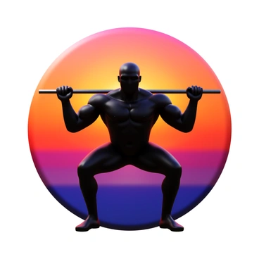 A dramatic silhouette of a person performing squats, showcasing muscle definition and athletic form. The sunset backdrop features vibrant hues of orange, pink, and purple, blending together in the sky. The horizon is visible, adding depth to the scene. The person appears focused and determined, embodying strength and perseverance in their posture.