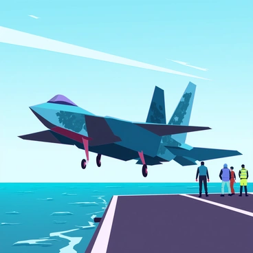 An F35 jet with sleek, angular wings and a dark camouflage pattern is landing on the deck of an aircraft carrier. The jet is slightly tilted, with its landing gear extended, as it approaches the carrier at an angle. The aircraft carrier features a large flight deck, with crew members in high-visibility vests looking on. In the background, the vast expanse of the sea is visible, with gentle waves reflecting the sunlight. The sky above is a clear blue, dotted with a few wispy clouds, enhancing the scene of military precision and technology.