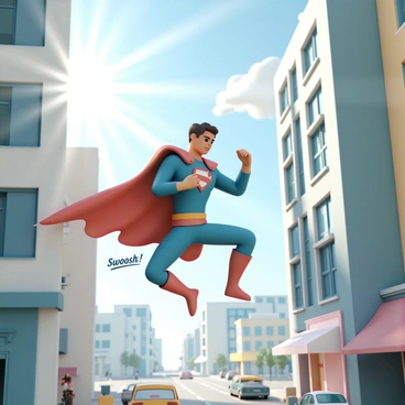 A superhero, wearing a vibrant blue and red costume with a flowing cape, is mid-leap between two tall buildings. The superhero's muscular physique is tense, showcasing strength and agility. A determined expression is visible on their face, while bright beams of sunlight glint off their costume. Below, a bustling city street filled with cars and pedestrians adds depth to the scene. In the background, there are clouds streaking across the sky, enhancing the sense of motion, and a "Swoosh!" graphic trails behind the superhero, emphasizing their speed and dynamic action.