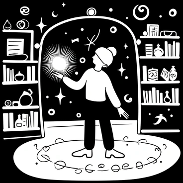A young sorcerer's apprentice holding a glowing wand in one hand, surrounded by an array of floating spell books. Magical symbols and intricate runes are swirling around the apprentice, illuminating the space. The apprentice is standing in a dimly lit room filled with shelves of ancient tomes and potion bottles. The floor is adorned with a large, intricate circle of runes, and wisps of energy are emanating from the glowing wand, creating a dynamic atmosphere.