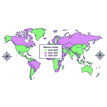 A world map displays various countries with distinct outlines. Each country is filled with green and purple shades to represent different salary ranges for scientific illustrators. In the center of the map, a legend explains the color coding, with specific green and purple tones indicating the corresponding salary ranges. Small icons are placed near select countries, symbolizing scientific illustration activities, such as a pencil and paintbrush or a microscope. The map is bordered by compass rose motifs in each corner, adding orientation to the visual.