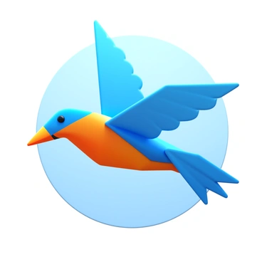 A low-poly bird with a mix of vibrant blue and orange colors, wings fully extended as it soars through the air. The body consists of geometric shapes, creating a modern and stylized appearance. The background features a simple gradient, transitioning from light blue at the top to white towards the bottom, enhancing the sense of flight. The bird's beak is sharp and pointed, adding a touch of realism to the abstract design.