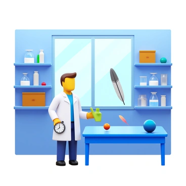 A scientist conducting a free fall experiment with various objects in a lab setting.