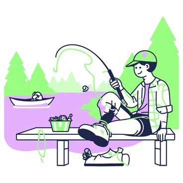 A novice angler is sitting on a small wooden dock at the edge of a serene lake. He is wearing a bright fishing hat and a plaid shirt rolled up at the sleeves. The angler has a fishing rod in one hand, while with the other he is trying to unravel a tangled mess of fishing line that is wrapped around his legs and the dock. His expression is a mix of frustration and amusement. A bucket beside him contains a few small fish, and a colorful tackle box is open, revealing an assortment of lures. In the background, tall trees and a clear sky frame the scene, while a distant canoe glides smoothly across the water.