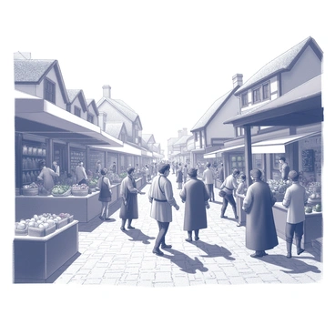 A group of time travelers, dressed in a mix of modern and medieval clothing, is entering a bustling medieval marketplace filled with various stalls and vendors. The marketplace is alive with activity, showcasing merchants selling fruits, vegetables, and textiles. People are interacting, with some bartering goods and others walking with baskets. In the background, there are medieval buildings with thatched roofs and wooden beams. A juggler performs for a crowd, while children play nearby, adding to the lively atmosphere. The sky is clear, and the sun casts distinct shadows across the cobblestone streets.