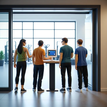 A gym entrance with modern design featuring large glass doors and a sleek reception desk. Several gym members are standing in line to check in, each utilizing a facial recognition terminal. The terminals are equipped with glowing screens displaying a digital interface. The first member, a woman with long dark hair and a green tank top, is smiling as she approaches the terminal. Next in line is a man with short brown hair, wearing a blue sports shirt, who is waiting patiently. The background shows a bright, energetic atmosphere with gym equipment visible through the glass.