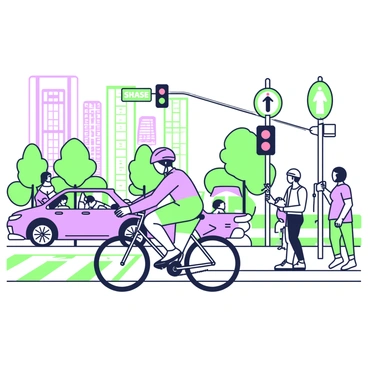 A cyclist is positioned at a busy intersection, waiting at a red traffic light. The cyclist is wearing a helmet and a fitted cycling outfit. The bicycle is sleek, with a streamlined frame and narrow tires. Around the cyclist, there are several cars stopped at the light, with some drivers visibly checking their phones or looking around. In the background, tall buildings rise against the sky, while pedestrians are seen on the sidewalk, some chatting and others glancing at the traffic. A street sign indicating the intersection is visible, along with a crosswalk that is marked on the pavement.