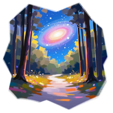 A winding path through a dense forest, surrounded by tall, dark trees with thick trunks and lush green foliage. The ground is covered in a mix of leaves and soft grass, creating a natural carpet. Above, the night sky is filled with countless stars, vividly shining. In the center of the sky, a spiral galaxy forms an intricate pattern, with swirling colors of blues, purples, and whites, creating a stunning contrast against the deep darkness of the night. The stars twinkle brightly, casting a gentle glow that lightly illuminates the path below.