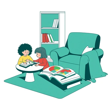 A teal cozy reading nook features a large, plush white armchair with soft cushions. In front of the armchair, there is a small white round table stacked with colorful picture books. Two children are sitting on a teal rug, engaged in browsing through the books. One child has curly hair and is wearing a yellow shirt, while the other has straight hair and is in a red shirt. A small white bookshelf in the corner holds additional books, and a soft teal blanket is draped over the armchair, creating a welcoming atmosphere.