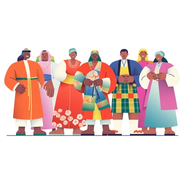 A diverse congregation of people is gathered together, each wearing traditional attire from various cultures around the world. In the foreground, a woman with dark skin is dressed in a vibrant African kente cloth dress, adorned with intricate patterns. Next to her, a man with light skin is showcasing a Scottish kilt with a tartan pattern. Nearby, an Asian woman is wearing a flowing red and gold kimono with delicate cherry blossom designs. 

To the left, a man with medium skin is dressed in a bright orange kurta, holding a small decorative drum, while a woman in a white sari with gold embroidery stands beside him, smiling. In the background, a group of individuals in various traditional costumes, such as a Mexican sombrero and a Middle Eastern thobe, are engaged in conversation. The setting is warm and inviting, emphasizing the unity of different cultures through their rich attire.