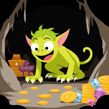 A mischievous goblin with green skin and pointy ears is grinning widely. It has wild, scruffy hair and bright, twinkling eyes. The goblin is crouched low, sneaking through a dark, treasure-filled cave. Glimmering gold coins are scattered across the cave floor, alongside shiny jewels and sparkling gemstones. Various treasures, including ornate goblets and ancient artifacts, are piled in the background. The cave walls are rugged and uneven, with hanging stalactites casting shadows over the scene.