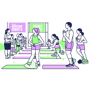 A fitness festival is taking place in a spacious outdoor area. Participants are performing "Russian twists" on mats arranged in rows. Each mat is vivid and has a distinct pattern. In the foreground, a woman with a ponytail is engaged in the exercise, her hands clasped together in front of her as she rotates her torso. She is wearing a tank top and athletic shorts. To her right, a man is also doing "Russian twists," his feet elevated off the mat. Spectators are nearby, some holding water bottles. Bright banners displaying fitness-related slogans are positioned around the area, adding to the energetic atmosphere.