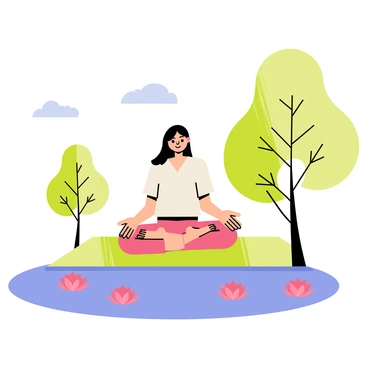 A serene scene depicting a person sitting cross-legged on a soft green mat. The person, a woman with long flowing hair, is dressed in comfortable light clothing. She has her hands resting on her knees, palms facing up. Surrounding her are delicate pink lotus flowers floating in a calm blue pond. A gentle breeze causes the leaves of nearby lush trees to rustle softly. The background features a clear blue sky with a few fluffy clouds drifting by.