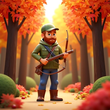 A rugged outdoorsman using a crossbow to hunt in a dense, autumn forest.