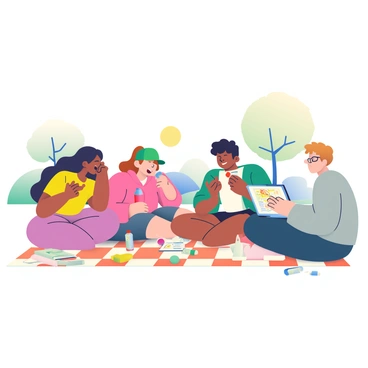 A group of five teenagers is gathered in a bright, lively park, sitting on a checkered picnic blanket. Two girls with long hair are animatedly gesturing as they speak. One girl has black hair and is wearing a yellow t-shirt, while the other has brown hair tied in a ponytail, dressed in a pink hoodie. A boy with short hair is jotting down notes in a blue notebook, wearing a green cap and a white tank top. Beside him, a girl with curly hair is sipping from a red water bottle, wearing denim shorts and a floral blouse. The last teenager, a boy with glasses, is looking up from his laptop, which displays a project outline, wearing a gray sweatshirt. Around them are scattered colorful art supplies, including markers and papers, hinting at their creative brainstorming session. The sun is shining, and trees provide a backdrop.