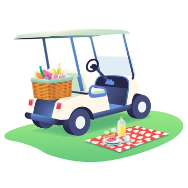 A golf cart is parked on a lush green lawn, set up for a picnic. The cart is a bright white color, with a sunshade extended over the seats. On the back of the cart, there is a wicker picnic basket filled with an assortment of food and drinks. A neatly folded red and white checkered blanket is spread out on the grass next to the cart, with some plates and cups arranged on top. There are slices of watermelon, sandwiches, and a bottle of lemonade visible on the blanket. The bright sunlight casts soft shadows on the grass, creating a warm and inviting atmosphere for a lunch break.