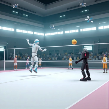 A high-tech arena with sleek, metallic walls and bright LED lights illuminating the space. In the center, two humanoid robots are engaged in a game of volleyball. One robot, with a shiny silver exterior and blue accents, is leaping to hit a yellow volleyball over the net. The other robot, featuring a matte black finish with red highlights, is positioned to receive the ball, its arm extended. Surrounding the court are various spectators, including smaller drones hovering and capturing the action. The arena has a glowing digital scoreboard displaying the score and player information.