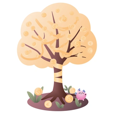 A digital flat illustration featuring a large tree with a trunk made of intertwined gold coins. The branches of the tree are full of shimmering gold coins, glistening in the light. The roots of the tree stretch deep into a patch of dark brown soil labelled with various investment and savings symbols, such as dollar signs, euro symbols, and piggy banks. Small green plants are sprouting around the base of the tree, representing growth and prosperity. The background is a clear blue sky, emphasizing the vibrancy of the golden tree.